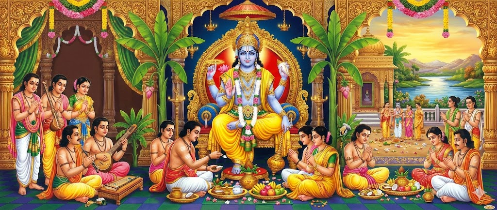 श्री सत्यनारायण कथा: भगवान विष्णु और भक्तगण पूजन