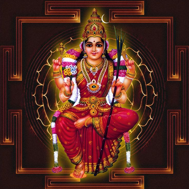 माँ ललिता त्रिपुर सुंदरी — चतुर्भुज देवी, रक्त वस्त्र और स्वर्ण आभूषण, अंकुश, धनुष-बाण के साथ यंत्र पृष्ठभूमि में